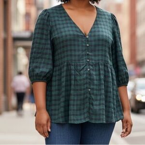 torrid Green Plaid V-Neck Peplum Button-Front Top